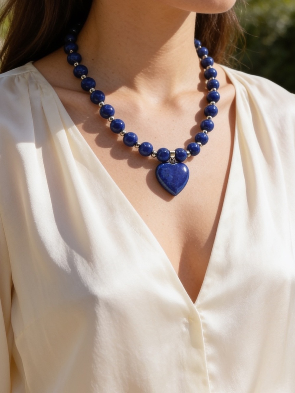 Heart of the Ocean Lapis Lazuli Blue Heart Pendant Beaded Necklace